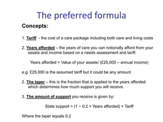 The preferred formula
Concepts:
1. Tariff - the cost of a care package including both care and living costs
2. Years afforded – the years of care you can notionally afford from your
assets and income based on a needs assessment and tariff.
Years afforded = Value of your assets/ (£25,000 – annual income)
e.g. £25,000 is the assumed tariff but it could be any amount
2. The taper – this is the fraction that is applied to the years afforded
which determines how much support you will receive.
3. The amount of support you receive is given by:
State support = (1 − 0.2 × Years afforded) × Tariff
Where the taper equals 0.2
 