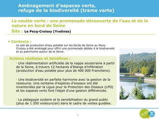 Aménagement d’espaces verts, refuge de la biodiversité (trame verte) La coulée verte : une promenade découverte de l’eau et de la nature en bord de Seine Site :   Le Pecq-Croissy (Yvelines) Contexte : Le site de production d’eau potable sur les bords de Seine au Pecq-Croissy a été aménagé pour offrir une promenade dédiée à la biodiversité et au patrimoine autour de la Seine.  Actions réalisées et bénéfices : Une réalimentation artificielle de la nappe souterraine à partir de la Seine, à travers 12 hectares d’étangs d’infiltration (production d’eau potable pour plus de 400 000 Franciliens). Une biodiversité en parfaite harmonie avec la gestion de la ressource. Une centaine d’espèces d’oiseaux ont été inventoriées par la Ligue pour la Protection des Oiseaux (LPO) et les espaces verts font l’objet d’une gestion différenciée. La pédagogie scolaire et la sensibilisation du grand public (plus de 1 200 visiteurs/an) dans le cadre de visites guidées. 