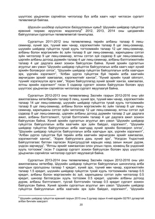 20
шүүлтээс урьдчилан сэргийлэх чиглэлээр бүх алба хаагч нарт чиглэсэн сургалт
төлөвлөөгүй байлаа.
Шүүхийн шийдвэр гүйцэтгэх байгууллагын хувьд: Шүүхийн шийдвэр гүйцэтгэх
ерөнхий газраас ирүүлсэн мэдээлэлд8
2012, 2013, 2014 оны цагдаагийн
байгууллагын сургалтын төлөвлөгөөтэй танилцлаа.
Сургалтын 2011-2012 оны төлөвлөгөөнд төрийн албаны талаар 6 лекц-
семинар, хүний эрх, түүний мөн чанар, хэрэгжилтийн талаар 8 цаг лекц-семинар,
шүүхийн шийдвэр гүйцэтгэх тухай хууль тогтоомжийн талаар 12 цаг лекц-семинар,
албаны болон мэргэжлийн ёс зүйн талаар 8 цаг лекц-семинар, харилцааны сэтгэл
зүйн чиглэлээр 9 цаг лекц-семинар, ялтны сэтгэл зүй сэдвээр 8 цаг лекц-семинар,
цэргийн албаны дотоод дүрмийн талаар 4 цаг лекц-семинар, албаны бэлтгэлжилтийн
талаар 4 цаг дадлага ажил зохион байгуулсан байна. Хүний эрхийн сургалтын
агуулгыг авч үзвэл “Шүүхийн шийдвэр гүйцэтгэх байгууллагын алба хаагч нарт хүний
эрхийн боловсрол олгох”, “Шүүхийн шийдвэр гүйцэтгэх байгууллагын алба хаагчдын
эрх, үүргийн хэрэгжилт”, “Албан үүргээ гүйцэтгэж буй төрийн алба хаагчийн
зөрчигдсөн эрхийг хамгаалах, хэрэгжилтийг хангах”, “Хүний эрхийн тухай ойлголт,
түүнийг хэрэгжүүлэх арга зам”, “Хорих байгууллагад хүний эрхийг хангах, хамгаалах,
ялтны эрхийн хэрэгжилт” гэсэн 5 сэдвээр сургалт зохион байгуулсан боловч эрүү
шүүлтээс урьдчилан сэргийлэх чиглэлээр сургалт явуулаагүй байна.
Сургалтын 2012-2013 оны төлөвлөгөөнд Засгийн газрын 2012-2016 оны үйл
ажиллагааны хөтөлбөрийн талаар 6 лекц, хүний эрх, түүний мөн чанар, хэрэгжилтийн
талаар 14 цаг лекц-семинар, шүүхийн шийдвэр гүйцэтгэх тухай хууль тогтоомжийн
талаар 8 цаг лекц-семинар, албаны болон мэргэжлийн ёс зүйн талаар 6 цаг лекц-
семинар, харилцааны сэтгэл зүйн чиглэлээр 12 цаг лекц-семинар, ялтны сэтгэл зүй
сэдвээр 8 цаг лекц-семинар, цэргийн албаны дотоод дүрмийн талаар 2 цаг дадлага
ажил, албаны бэлтгэлжилт, тусгай бэлтгэлийн талаар 4 цаг дадлага ажил зохион
байгуулсан байна. Хүний эрхийн сургалтын агуулгыг авч үзвэл “Шүүхийн шийдвэр
гүйцэтгэх байгууллагын алба хаагчийн эрх зүйн байдал, хэрэгжилт”, “Шүүхийн
шийдвэр гүйцэтгэх байгууллагын алба хаагчдад хүний эрхийн боловсрол олгох”,
“Шүүхийн шийдвэр гүйцэтгэх байгууллагын алба хаагчдын эрх, үүргийн хэрэгжилт”,
“Албан үүргээ гүйцэтгэж буй төрийн алба хаагчийн зөрчигдсөн эрхийг хамгаалах,
хэрэгжилтийг хангах”, “Хорих байгууллага дахь хүний эрх”, “Нэгдсэн Үндэстний
Байгууллагаас батлан гаргасан Хоригдлуудтай харьцах наад захын жишиг дүрэм,
үндсэн зарчмууд”, “Ялтны эрхийг хамгаалсан олон улсын гэрээ, конвенц ба үндэсний
хууль тогтоомж” гэсэн 7 сэдвээр сургалт зохион байгуулсан боловч эрүү шүүлтээс
урьдчилан сэргийлэх чиглэлээр сургалт явуулаагүй байна.
Сургалтын 2013-2014 оны төлөвлөгөөнд Засгийн газрын 2012-2016 оны үйл
ажиллагааны хөтөлбөр, Шүүхийн шийдвэр гүйцэтгэх байгууллагын шинэчлэлд алба
хаагчдын оролцооны талаар 1 кредит, хүний эрх, түүний мөн чанар, хэрэгжилтийн
талаар 1.5 кредит, шүүхийн шийдвэр гүйцэтгэх тухай хууль тогтоомжийн талаар 0.5
кредит, албаны болон мэргэжлийн ёс зүй, харилцааны сэтгэл зүйн чиглэлээр 0.5
кредит, шинээр батлагдсан хууль тогтоомж 0.5 кредит, цэргийн албаны дотоод
дүрэм, албаны бэлтгэлжилт, тусгай бэлтгэлийн талаар 0.5 кредит сургалт зохион
байгуулсан байна. Хүний эрхийн сургалтын агуулгыг авч үзвэл “Шүүхийн шийдвэр
гүйцэтгэх байгууллагын алба хаагчийн эрх зүйн байдал, хэрэгжилт”, “Шүүхийн
8
Шүүхийн шийдвэр гүйцэтгэх ерөнхий газрын 2015 оны 3 дугаар сарын 4-ний өдрийн 02/761 дугаартай
албан бичгийн хавсралт
 