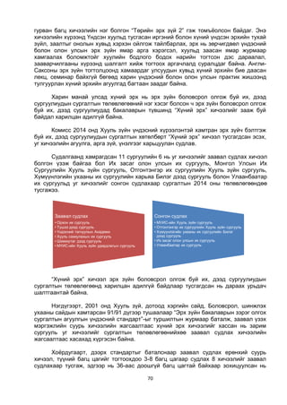 70
гурван багц хичээлийн нэг болгон “Төрийн эрх зүй 2” гэж томъёолсон байдаг. Энэ
хичээлийн хүрээнд Үндсэн хуульд тусгасан иргэний болон хүний үндсэн эрхийн тухай
зүйл, заалтыг онолын хувьд хэрхэн ойлгож тайлбарлах, эрх нь зөрчигдвөл үндэсний
болон олон улсын эрх зүйн ямар арга хэрэгсэл, хуульд заасан ямар журмаар
хамгаалах боломжтойг хуулийн бодлого бодох нарийн тогтсон дэс дараалал,
зааварчилгааны хүрээнд шалгалт хийж тогтоох аргачлалд суралцдаг байна. Англи-
Саксоны эрх зүйн тогтолцоонд хамаардаг улсуудын хувьд хүний эрхийн бие даасан
лекц, семинар байхгүй бөгөөд харин үндэсний болон олон улсын практик жишээнд
тулгуурлан хүний эрхийн агуулгад багтаан заадаг байна.
Харин манай улсад хүний эрх нь эрх зүйн боловсрол олгож буй их, дээд
сургуулиудын сургалтын төлөвлөгөөний нэг хэсэг болсон ч эрх зүйн боловсрол олгож
буй их, дээд сургуулиудад бакалаврын түвшинд “Хүний эрх” хичээлийг зааж буй
байдал харилцан адилгүй байна.
Комисс 2014 онд Хууль зүйн үндэсний хүрээлэнтэй хамтран эрх зүйч бэлтгэж
буй их, дээд сургуулиудын сургалтын хөтөлбөрт “Хүний эрх” хичээл тусгагдсан эсэх,
уг хичээлийн агуулга, арга зүй, үнэлгээг харьцуулан судлав.
Судалгаанд хамрагдсан 11 сургуулийн 6 нь уг хичээлийг заавал судлах хичээл
болгон үзэж байгаа бол Их засаг олон улсын их сургууль, Монгол Улсын Их
Сургуулийн Хууль зүйн сургууль, Отгонтэнгэр их сургуулийн Хууль зүйн сургууль,
Хүмүүнлэгийн ухааны их сургуулийн харьяа Билэг дээд сургууль болон Улаанбаатар
их сургуульд уг хичээлийг сонгон судлахаар сургалтын 2014 оны төлөвлөгөөндөө
тусгажээ.
“Хүний эрх” хичээл эрх зүйн боловсрол олгож буй их, дээд сургуулиудын
сургалтын төлөвлөгөөнд харилцан адилгүй байдлаар тусгагдсан нь дараах урьдач
шалтгаантай байна.
Нэгдүгээрт, 2001 онд Хууль зүй, дотоод хэргийн сайд, Боловсрол, шинжлэх
ухааны сайдын хамтарсан 91/91 дүгээр тушаалаар “Эрх зүйн бакалаврын зэрэг олгох
сургалтын агуулгын үндэсний стандарт”-ыг туршилтын журмаар баталж, заавал үзэх
мэргэжлийн суурь хичээлийн жагсаалтаас хүний эрх хичээлийг хассан нь зарим
сургууль уг хичээлийг сургалтын төлөвлөгөөнийхөө заавал судлах хичээлийн
жагсаалтаас хасахад хүргэсэн байна.
Хоёрдугаарт, дээрх стандартыг баталснаар заавал судлах ерөнхий суурь
хичээл, түүний багц цагийг тогтоохдоо 3-8 багц цагаар судлах 8 хичээлийг заавал
судлахаар тусгаж, эдгээр нь 36-аас доошгүй багц цагтай байхаар зохицуулсан нь
Заавал судлах
• Орхон их сургууль
• Түшээ дээд сургууль
• Үндэсний тагнуулын Академи
• Хууль сахиулахын их сургууль
• Шихихутаг дээд сургууль
• МҮИС-ийн Хууль зүйн удирдлагын сургууль
Сонгон судлах
• МУИС-ийн Хууль зүйн сургууль
• Отгонтэнгэр их сургуулийн Хууль зүйн сургууль
• Хүмүүнлэгийн ухааны их сургуулийн Билэг
дээд сургууль
• Их засаг олон улсын их сургууль
• Улаанбаатар их сургууль
 