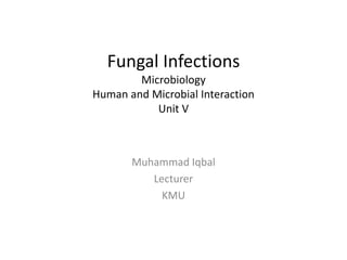 Fungal Infections
Microbiology
Human and Microbial Interaction
Unit V
Muhammad Iqbal
Lecturer
KMU
 