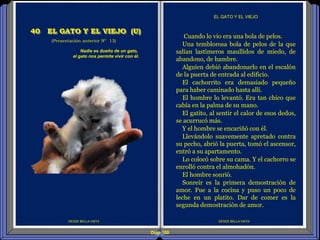 Diap 100
DESDE BELLA VISTA
Cuando lo vio era una bola de pelos.
Una temblorosa bola de pelos de la que
salían lastimeros maullidos de miedo, de
abandono, de hambre.
Alguien debió abandonarlo en el escalón
de la puerta de entrada al edificio.
El cachorrito era demasiado pequeño
para haber caminado hasta allí.
El hombre lo levantó. Era tan chico que
cabía en la palma de su mano.
El gatito, al sentir el calor de esos dedos,
se acurrucó más.
Y el hombre se encariñó con él.
Llevándolo suavemente apretado contra
su pecho, abrió la puerta, tomó el ascensor,
entró a su apartamento.
Lo colocó sobre su cama. Y el cachorro se
enrolló contra el almohadón.
El hombre sonrió.
Sonreír es la primera demostración de
amor. Fue a la cocina y puso un poco de
leche en un platito. Dar de comer es la
segunda demostración de amor.
EL GATO Y EL VIEJO
DESDE BELLA VISTA
(Presentación anterior Nº 13)
40 EL GATO Y EL VIEJO (U)
Nadie es dueño de un gato,
el gato nos permite vivir con él.
 