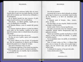 Diap 156
Así supo que su antecesor había sido un vasco
francés que se casó con una india charrúa, a la cual
salvó de la matanza que hicieron los civilizados a
los aborígenes.
De la abuela heredó los ojos oscuros, el pelo
negro, la piel aceituna y la voz melodiosa.
Del abuelo… un difícil apellido, orgullo por su
raza y la obediencia a la familia.
Se llamaba Blanca, como la amada del poema
Tabaré.
La semana siguiente Blanca se pintó los labios,
puso color en sus mejillas, sombra en los ojos,
apretó la cintura; todo en infantil deseo de parecer
más mujer.
Pero él solo veía sus ojos, oía su voz.
No fue así con el padre, quien notó enseguida
los cambios.
Un lunes, Blanca no fue al liceo. Al preguntar
por ella, las compañeras le dijeron que la habían
puesto de pupila en un colegio de monjas.
Que solo el domingo venía a la casa.
Y el domingo siguiente, él fue hasta esa esquina,
caminó por esa calle, miró la vereda de enfrente…
Y en aquella casa, en el jardín, bajo la enredadera
de jazmines, la vio.
DESDE BELLA VISTA DESDE BELLA VISTA
Fue solo un instante.
La puerta de la casa se abrió saliendo un adusto
señor que lo observó con severidad, tomó la niña
de los hombros y la llevó de inmediato para
adentro.
Y después pasó el tiempo… días… meses…
años… la vida.
El viejo llegó a la otra esquina. Había recorrido
esa larga y torcida cuadra.
Se dio vuelta. Volvió a buscar aquella casa.
No pudo reconocerla entre las vetustas y pocas
existentes. Quizás habría desaparecido bajo los
galpones actuales.
Pensó que también aquella muchacha se volvió
mayor, se casó, tuvo hijos, fue abuela… Y, quizás,
ya habría muerto.
Ya no quedaban casas con jardín, ni enredaderas
de jazmines.
Pero, él creyó verlos en flor, y a Blanca bajo
ellos, con su cuerpo de niña, con su pelo largo y
negro, con sus oscuros ojos, ojos que le decían
tantas cosas.
Y, doblando la esquina, se fue por otra calle.
Como setenta años atrás…
…oo0oo…
RECUERDOSRECUERDOS
 