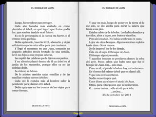 Diap 165
Luego, fue sembrar para recoger.
Cada año tomaba más cuidado en como
plantaba el árbol, en qué lugar, que frutos podía
dar, que sombra tendría en el futuro.
Ya no le preocupaba si la cuesta era fuerte, si el
terreno tenía piedras.
Debía aplanarlo, hacerlo fértil, abonarlo, y dejar
suficiente espacio entre ellos para que crecieran.
Y llegó el momento en que Juan, tomando un
pequeño arbolito recién brotado de una semilla,
llevó sus hijos a sus propias laderas.
Les repitió las palabras que le dijeron sus padres.
Y en silencio plantó dentro de él un árbol en el
jardín de los recuerdos, porque ellos ya no las
podrían decir.
La vida no se detuvo.
De lo arboles crecidos caían semillas y de las
semillas crecían nuevos árboles.
Cada vez le costaba más al hombre subir la
pendiente para plantar otro árbol.
Debía apoyarse en los troncos de los viejos para
tomar fuerzas.
DESDE BELLA VISTA DESDE BELLA VISTA
Y una vez más, luego de poner en la tierra el de
ese año, se dio vuelta para mirar la ladera que
tenía a sus pies.
Estaba cubierta de árboles. Los había derechos y
torcidos, altos y bajos, con frutos y sin ellos.
Pero ahí estaban. No había sembrado en vano.
Lejos vio otros bosques. Algunos estaban repletos
hasta cima. Otros menos.
No le importó los de los demás.
Éste era el suyo. El bosque de Juan.
El tiempo siguió pasando.
Y aquellos bosques se perdieron dentro la selva
del ayer. Pocos saben que hubo uno que fue el
bosque de Juan. Era… uno más.
Pero, en él, al pie de la ladera hay un tocón seco.
Es el resto del primer árbol que se plantó allí.
Y que una vez lo cortaron.
Nadie recuerda por qué.
Unos dicen para hacer el ataúd de Juan.
Otros, para el fuego con que lo incineraron.
O… como tantos… sólo sirvió para leña.
…oo0oo…
25 de octubre de 2014
EL BOSQUE DE JUANEL BOSQUE DE JUAN
 