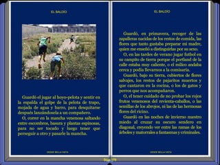 Diap 179
DESDE BELLA VISTA
EL BALDÍO
DESDE BELLA VISTA
EL BALDÍO
Guardó, en primavera, recoger de las
zapalleras nacidas de los restos de comida, las
flores que tanto gustaba preparar mi madre,
quien me enseñó a distinguirlas por su sexo.
O, en las tardes de verano jugar futbol en
su campito de tierra porque el portland de la
calle estaba muy caliente, o el milico andaba
cerca y podía llevarnos a la comisaría.
Guardó, bajo su tierra, cubiertos de flores
salvajes, los restos de pajaritos muertos y
que cantaron en la cocina, o los de gatos y
perros que nos acompañaron.
O, el tener cuidado de no probar los rojos
frutos venenosos del revienta-caballos, o las
semillas de los abrojos, ni las de las hermosas
flores del ricino.
Guardó en las noches de invierno nuestro
miedo al cruzar su oscuro sendero en
diagonal, creyendo ver entre las ramas de los
árboles y matorrales a fantasmas y criminales.
Guardó el jugar al hoyo-pelota y sentir en
la espalda el golpe de la pelota de trapo,
mojada de agua y barro, para desquitarse
después lanzándosela a un compañero.
O, correr en la mancha venenosa saltando
entre escombros, basura y plantas espinosas,
para no ser tocado y luego tener que
perseguir a otro y pasarle la mancha.
 