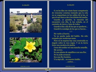 Diap 180
DESDE BELLA VISTA
EL BALDÍO
DESDE BELLA VISTA
EL BALDÍO
O, en los días con viento hacer competencia
de remontar cometas tratando que la cola
no se enganchara en los cables de la luz, ni
que al caer fuera a dar a los árboles del rancho.
Guardó, ya grandes, la emoción del
encuentro con ella, la tan soñada, en el
caminito de tierra y lejos de todos.
Guardó el día a día de los que se quedaron…
Guardó la nostalgia de los que se fueron…
:::::
He vuelto al barrio.
Ya no queda nada del baldío. Ha sido
ocupado por modernas casas.
Pero en la esquina hay una construida en
ángulo sobre la roca negra. Y en la tierra
tiene una escalera de piedra.
Cerca del cordón veo una mancha amarilla.
Me acerco.
Es una planta de zapallitos con una flor.
No la pude arrancar.
Era una flor hembra.
Y la dejé allí… en nuestro baldío.
…oo0oo… .
 