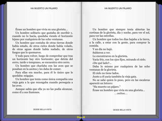 Diap 48
Érase un hombre que vivía en una glorieta…
Un hombre solitario que gustaba de escribir y,
cuando no lo hacía, quedaba viendo el horizonte
lejano por cualquiera de las ocho ventanas.
Un hombre que contaba de otras tierras donde
había estado, de otros cielos donde había volado,
de otras aguas donde había nadado, de otros
fuegos que lo quemaron.
Y todo para volver, luego de comprobar que tras
un horizonte hay otro horizonte; que detrás del
cerro, tarde o temprano, se encuentra otro cerro.
Un hombre que charlaba con las aves que se
posaban en la azotea y les daba de comer.
Para ellas era mucho, para él lo único que le
quedaba: migajas.
Un hombre que tenía como única compañía una
vieja gata a la que rezongaba cuando perseguía a
las aves.
Aunque sabía que ella ya no las podía alcanzar,
como él a sus ilusiones.
DESDE BELLA VISTA DESDE BELLA VISTA
Un hombre que siempre tenía abiertas las
cortinas de la glorieta, día y noche, para ver el sol,
para ver las estrellas.
Un hombre que todos los días bajaba a la tierra,
a la calle, a estar con la gente, para comprar la
comida.
Y un día no bajó.
Subieron a ver.
Lo encontraron en la glorieta.
Yacía frío, con los ojos fijos, mirando el cielo.
¿De qué lado?...
Daba lo mismo por cualquiera de las ocho
ventanas de la glorieta.
El cielo no tiene lados.
Junto a él yacía también la vieja gata.
No se sabe quien lo puso, pero en las escaleras
apareció un letrero:
“Ha muerto un pájaro.”
Érase un hombre que vivía en una glorieta…
…oo0oo…
HA MUERTO UN PÁJAROHA MUERTO UN PÁJARO
 