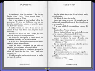 Diap 54
El vagabundo tiene dos amigos. Y los dos se
llaman Juan Pérez. Todos somos Juan. Y
cualquiera puede ser Pérez.
Uno es un antiguo, y bien jubilado oficial de
petroleros. El otro, un bichicome que en su
juventud también supo bañarse en las azules aguas
del Barlovento tropical.
Y ambos tienen un perro. El de uno es un
animal de raza pura. El del otro, de puras razas
mezcladas.
Sucedió una noche de julio. Noche de luna
llena. De ésas que el frío es penetrante.
En la mañana, en la plaza, le habían hecho un
homenaje al héroe y aún estaba la corona.
A las dos de la madrugada comenzaron a ladrar
todos los perros del vecindario.
Hasta los finos y abrigados de los edificios
aledaños recordaban sus orígenes de lobos.
El aullido más lastimero, más fuerte, venía de la
plaza. Allí fueron los dos Juan Pérez. Y cada uno
con su perro.
El viejo mendigo yacía muerto sobre la grada
del muro de piedras.
DESDE BELLA VISTA DESDE BELLA VISTA
Estaba helado. Pero, aún al irse lo había hecho
con distinción.
No debajo de algo, sino arriba.
Junto a él estaba su perro. Y le lamía la cara. Y
aullaba a la luna pidiendo que le devolviese la vida
a su compañero.
Y a cada aullido le acompañaban cientos del
lugar.
Los dos Juan Pérez se miraron.
Fueron hasta el trípode que sostenía la corona
en las escaleras del monumento de bronce.
La sacaron y la pusieron a los pies del viejo.
Ambos levantaron la mano elevando una
hipotética copa y lanzaron al aire un estentóreo:
–¡Calidad de Vida!
En ese momento dejaron de aullar los perros.
La noche se llenó de silencio.
Un silencio donde se repetían sin cesar:
–¡Calidad de Vida!
Pero ahora resonaban con honor, con orgullo.
Y, por primera vez, tuvieron sentido esas tontas
palabras.
–¡Calidad de Vida!
…oo0oo…
CALIDAD DE VIDACALIDAD DE VIDA
 