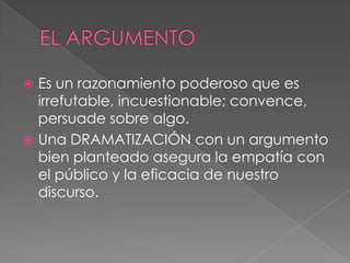EL ARGUMENTOEs un razonamiento poderoso que es irrefutable, incuestionable; convence, persuade sobre algo. Una DRAMATIZACIÓN con un argumento bien planteado asegura la empatía con el público y la eficacia de nuestro discurso.