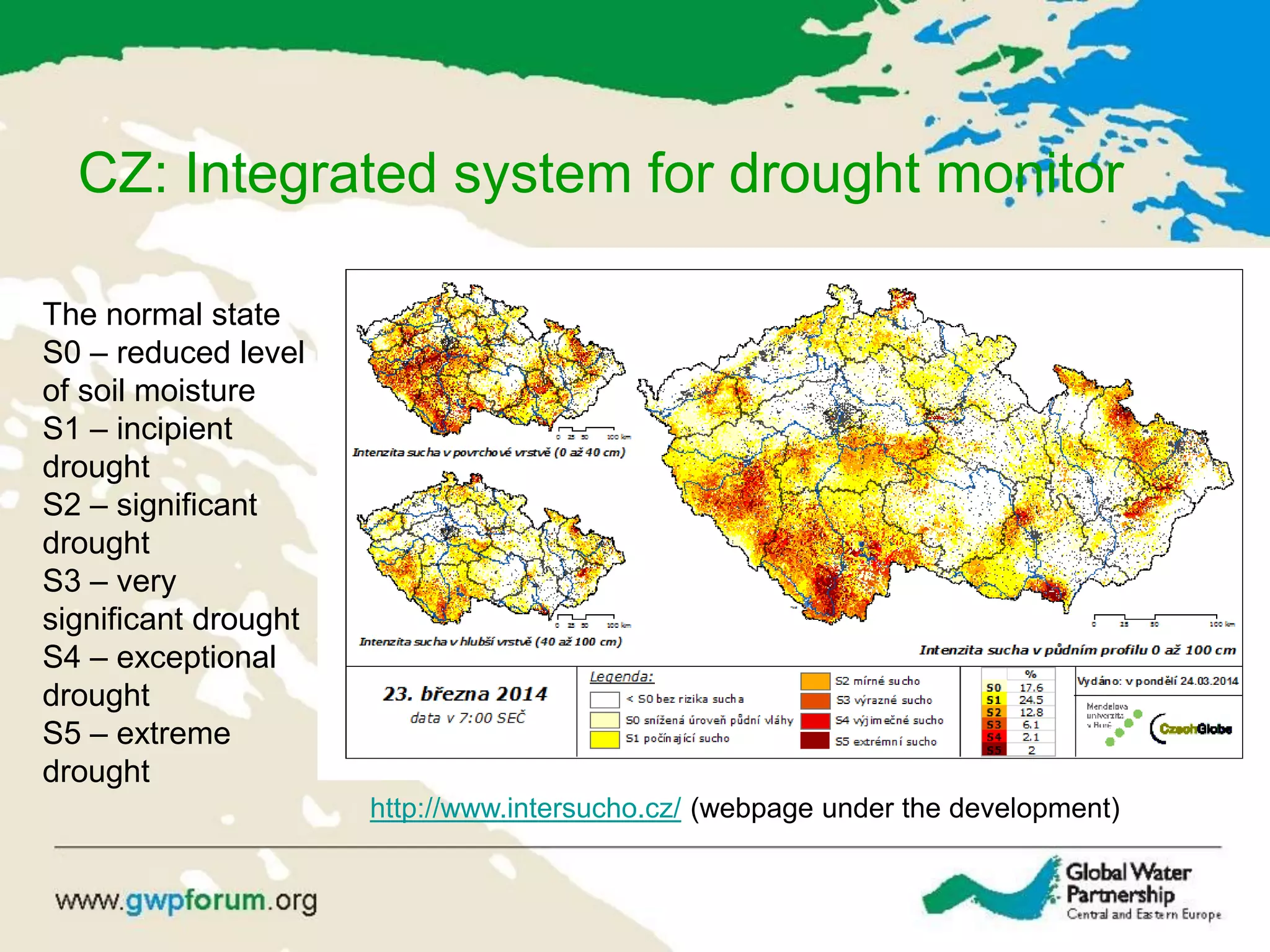 CZ: Integrated system for drought monitor
The normal state
S0 – reduced level
of soil moisture
S1 – incipient
drought
S2 – significant
drought
S3 – very
significant drought
S4 – exceptional
drought
S5 – extreme
drought
http://www.intersucho.cz/ (webpage under the development)
 