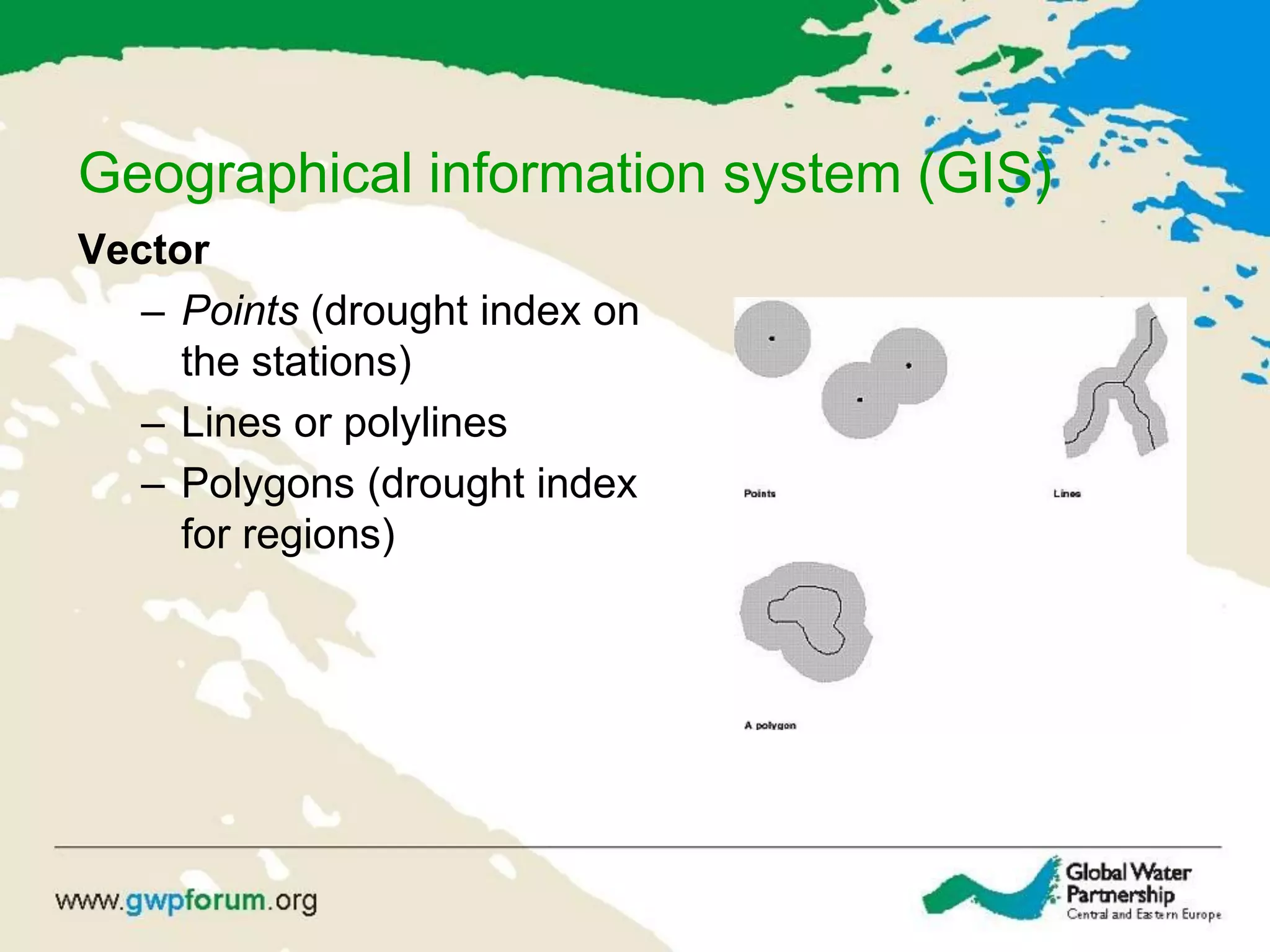 Geographical information system (GIS)
Vector
– Points (drought index on
the stations)
– Lines or polylines
– Polygons (drought index
for regions)
 