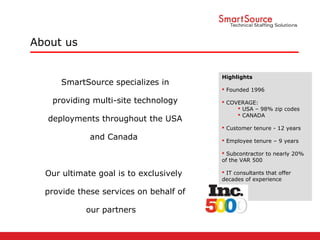 SmartSource specializes in
providing multi-site technology
deployments throughout the USA
and Canada
Our ultimate goal is to exclusively
provide these services on behalf of
our partners
About us
Highlights
 Founded 1996
 COVERAGE:
 USA – 98% zip codes
 CANADA
 Customer tenure - 12 years
 Employee tenure – 9 years
 Subcontractor to nearly 20%
of the VAR 500
 IT consultants that offer
decades of experience
 