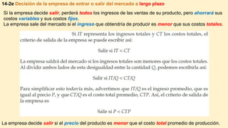 14-2e Decisión de la empresa de entrar o salir del mercado a largo plazo
Si la empresa decide salir, perderá todos los ingresos de las ventas de su producto, pero ahorrará sus
costos variables y sus costos fijos.
La empresa sale del mercado si el ingreso que obtendría de producir es menor que sus costos totales.
La empresa decide salir si el precio del producto es menor que el costo total promedio de producción.
 