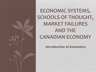 ECONOMIC SYSTEMS,
SCHOOLS OF THOUGHT,
  MARKET FAILURES
      AND THE
 CANADIAN ECONOMY
  Introduction to Economics




                              1
 