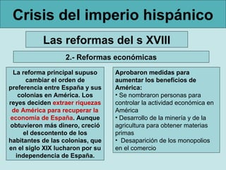 Crisis del imperio hispánico
           Las reformas del s XVIII
                  2.- Reformas económicas
  La reforma principal supuso     Aprobaron medidas para
       cambiar el orden de        aumentar los beneficios de
preferencia entre España y sus    América:
    colonias en América. Los      • Se nombraron personas para
reyes deciden extraer riquezas    controlar la actividad económica en
 de América para recuperar la     América
 economía de España. Aunque       • Desarrollo de la minería y de la
obtuvieron más dinero, creció     agricultura para obtener materias
      el descontento de los       primas
habitantes de las colonias, que   • Desaparición de los monopolios
en el siglo XIX lucharon por su   en el comercio
   independencia de España.
 
