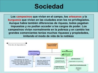 Sociedad
  Los campesinos que vivían en el campo, los artesanos y la
burguesía que vivían en las ciudades eran los no privilegiados.
 Aunque había también diferencias de riqueza, todos pagaban
  impuestos y no podían acceder a los cargos de poder. Los
campesinos vivían normalmente en la pobreza y en cambio los
grandes comerciantes tenías muchas riquezas y propiedades,
           imitando el modo de vida de la nobleza
 