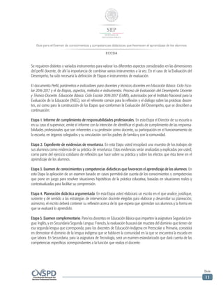Guía para el Examen de conocimientos y competencias didácticas que favorecen el aprendizaje de los alumnos
ECCDA
Guía
11
Se requieren distintos y variados instrumentos para valorar los diferentes aspectos considerados en las dimensiones
del perfil docente, de ahí la importancia de combinar varios instrumentos a la vez. En el caso de la Evaluación del
Desempeño, ha sido necesaria la definición de Etapas e instrumentos de evaluación.
El documento Perfil, parámetros e indicadores para docentes y técnicos docentes en Educación Básica. Ciclo Esco-
lar 2016-2017 y el de Etapas, aspectos, métodos e instrumentos. Proceso de Evaluación del Desempeño Docente
y Técnico Docente. Educación Básica. Ciclo Escolar 2016-2017 (EAMI), autorizados por el Instituto Nacional para la
Evaluación de la Educación (INEE), son el referente común para la reflexión y el diálogo sobre las prácticas docen-
tes, así como para la construcción de las Etapas que conforman la Evaluación del Desempeño, que se describen a
continuación:
Etapa 1. Informe de cumplimiento de responsabilidades profesionales. En esta Etapa el Director de su escuela o
en su caso el supervisor, emite el informe con la intención de identificar el grado de cumplimiento de las responsa-
bilidades profesionales que son inherentes a su profesión como docente, su participación en el funcionamiento de
la escuela, en órganos colegiados y su vinculación con los padres de familia y con la comunidad.
Etapa 2. Expediente de evidencias de enseñanza. En esta Etapa usted recopilará una muestra de los trabajos de
sus alumnos como evidencia de su práctica de enseñanza. Estas evidencias serán analizadas y explicadas por usted,
como parte del ejercicio cotidiano de reflexión que hace sobre su práctica y sobre los efectos que ésta tiene en el
aprendizaje de los alumnos.
Etapa 3. Examen de conocimientos y competencias didácticas que favorecen el aprendizaje de los alumnos. En
esta Etapa la aplicación de un examen basado en casos permitirá dar cuenta de los conocimientos y competencias
que pone en juego para resolver situaciones hipotéticas de la práctica educativa, basadas en situaciones reales y
contextualizadas para facilitar su comprensión.
Etapa 4. Planeación didáctica argumentada. En esta Etapa usted elaborará un escrito en el que analice, justifique,
sustente y dé sentido a las estrategias de intervención docente elegidas para elaborar y desarrollar su planeación;
asimismo, el escrito deberá contener su reflexión acerca de lo que espera que aprendan sus alumnos y la forma en
que se evaluará lo aprendido.
Etapa 5. Examen complementario. Para los docentes en Educación Básica que imparten la asignatura Segunda Len-
gua: Inglés, y en Secundaria Segunda Lengua: Francés, la evaluación buscará dar muestra del dominio que tienen de
esa segunda lengua que corresponda; para los docentes de Educación Indígena en Preescolar o Primaria, consistirá
en demostrar el dominio de la lengua indígena que se habla en la comunidad en la que se encuentra la escuela en
que labora. En Secundaria, para la asignatura de Tecnología, será un examen estandarizado que dará cuenta de las
competencias específicas correspondientes a la función que realiza el docente.
 