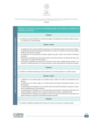 Guía para el Examen de conocimientos y competencias didácticas que favorecen el aprendizaje de los alumnos
ECCDA
Guía
17
.Examendeconocimientosycompetenciasdidácticasquefavorecenelaprendizajedelosalumnos
Dimensión 4. Un docente que asume las responsabilidades legales y éticas inherentes a su profesión para
el bienestar de los alumnos
Parámetro
4.1 Considera los principios filosóficos, los fundamentos legales y las finalidades de la educación pública mexicana
en el ejercicio de su función docente.
Aspectos a evaluar
•	 La identificación de los principios filosóficos planteados en los fundamentos legales de la educación en México.
•	 La implementación de formas de interacción democrática en el aula y en la escuela como uno de los principios
filosóficos de la educación en México.
•	 La identificación de las disposiciones normativas vigentes que rigen su labor como docente de Educación
Secundaria.
•	 El desarrollo de actividades que promuevan el respeto a los derechos humanos y los derechos de niñas, niños
y adolescentes en su práctica docente cotidiana.
•	 El desarrollo de actividades que promuevan el derecho de niñas, niños y adolescentes para acceder a una
educación de calidad, permanecer en la escuela, aprender y concluir oportunamente su Educación Secundaria.
Parámetro
4.2 Establece un ambiente favorable para la sana convivencia y la inclusión educativa en su práctica docente.
Aspectos a evaluar
•	 La definición con sus alumnos reglas en el contexto escolar, acordes con la edad y las características de los
alumnos.
•	 La definición con sus alumnos reglas en el contexto escolar que incluyan la perspectiva de género y la no
discriminación.
•	 La implementación de estrategias con la comunidad escolar que fomenten actitudes de compromiso, colabo-
ración y solidaridad para la sana convivencia.
•	 La implementación de estrategias con la comunidad escolar que fomenten el respeto por las diferencias indi-
viduales (lingüísticas, culturales, étnicas y socioeconómicas) para la inclusión y equidad educativa.
•	 La implementación de estrategias que contribuyen a eliminar o minimizar las barreras para el aprendizaje que
pueden enfrentar sus alumnos con necesidades educativas especiales.
Parámetro
4.3 Considera la integridad y seguridad de los alumnos en el aula y en la escuela en su práctica docente.
 