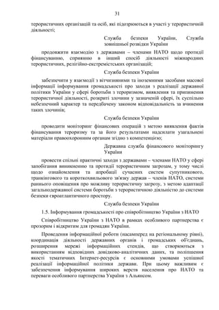 31
терористичних організацій та осіб, які підозрюються в участі у терористичній
діяльності;
Служба безпеки України, Служба
зовнішньої розвідки України
продовжити взаємодію з державами – членами НАТО щодо протидії
фінансуванню, сприянню в інший спосіб діяльності міжнародних
терористичних, релігійно-екстремістських організацій;
Служба безпеки України
забезпечити у взаємодії з вітчизняними та іноземними засобами масової
інформації інформування громадськості про заходи з реалізації державної
політики України у сфері боротьби з тероризмом, виявлення та припинення
терористичної діяльності, розкриті злочини у зазначеній сфері, їх суспільно
небезпечний характер та передбачену законом відповідальність за вчинення
таких злочинів;
Служба безпеки України
проводити моніторинг фінансових операцій з метою виявлення фактів
фінансування тероризму та за його результатами надсилати узагальнені
матеріали правоохоронним органам згідно з компетенцією;
Державна служба фінансового моніторингу
України
провести спільні практичні заходи з державами – членами НАТО у сфері
запобігання виникненню та протидії терористичним загрозам, у тому числі
щодо ознайомлення та апробації сучасних систем супутникового,
транкінгового та короткохвильового зв'язку держав – членів НАТО, системи
раннього оповіщення про можливу терористичну загрозу, з метою адаптації
загальнодержавної системи боротьби з терористичною діяльністю до системи
безпеки євроатлантичного простору.
Служба безпеки України
1.5. Інформування громадськості про співробітництво України з НАТО
Співробітництво України з НАТО в рамках особливого партнерства є
прозорим і відкритим для громадян України.
Проведення інформаційної роботи (насамперед на регіональному рівні),
координація діяльності державних органів і громадських об'єднань,
розширення мережі інформаційних стендів, що створюються з
використанням відповідних довідково-аналітичних даних, та поліпшення
якості тематичних Інтернет-ресурсів є основними умовами успішної
реалізації інформаційної політики держави. При цьому важливим є
забезпечення інформування широких верств населення про НАТО та
переваги особливого партнерства України з Альянсом.
 