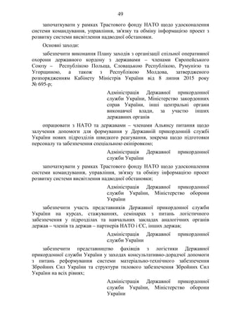 49
започаткувати у рамках Трастового фонду НАТО щодо удосконалення
системи командування, управління, зв'язку та обміну інформацією проект з
розвитку системи висвітлення надводної обстановки.
Основні заходи:
забезпечити виконання Плану заходів з організації спільної оперативної
охорони державного кордону з державами – членами Європейського
Союзу – Республікою Польща, Словацькою Республікою, Румунією та
Угорщиною, а також з Республікою Молдова, затвердженого
розпорядженням Кабінету Міністрів України від 8 липня 2015 року
№ 695-р;
Адміністрація Державної прикордонної
служби України, Міністерство закордонних
справ України, інші центральні органи
виконавчої влади, за участю інших
державних органів
опрацювати з НАТО та державами – членами Альянсу питання щодо
залучення допомоги для формування у Державній прикордонній службі
України нових підрозділів швидкого реагування, зокрема щодо підготовки
персоналу та забезпечення спеціальною екіпіровкою;
Адміністрація Державної прикордонної
служби України
започаткувати у рамках Трастового фонду НАТО щодо удосконалення
системи командування, управління, зв'язку та обміну інформацією проект
розвитку системи висвітлення надводної обстановки;
Адміністрація Державної прикордонної
служби України, Міністерство оборони
України
забезпечити участь представників Державної прикордонної служби
України на курсах, стажуваннях, семінарах з питань логістичного
забезпечення у підрозділах та навчальних закладах аналогічних органів
держав – членів та держав – партнерів НАТО і ЄС, інших держав;
Адміністрація Державної прикордонної
служби України
забезпечити представництво фахівців з логістики Державної
прикордонної служби України у заходах консультативно-дорадчої допомоги
з питань реформування системи матеріально-технічного забезпечення
Збройних Сил України та структури тилового забезпечення Збройних Сил
України на всіх рівнях;
Адміністрація Державної прикордонної
служби України, Міністерство оборони
України
 