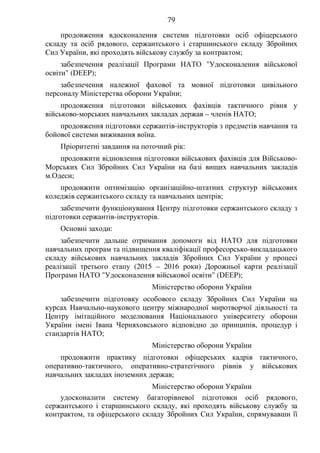 79
продовження вдосконалення системи підготовки осіб офіцерського
складу та осіб рядового, сержантського і старшинського складу Збройних
Сил України, які проходять військову службу за контрактом;
забезпечення реалізації Програми НАТО "Удосконалення військової
освіти" (DЕЕP);
забезпечення належної фахової та мовної підготовки цивільного
персоналу Міністерства оборони України;
продовження підготовки військових фахівців тактичного рівня у
військово-морських навчальних закладах держав – членів НАТО;
продовження підготовки сержантів-інструкторів з предметів навчання та
бойової системи виживання воїна.
Пріоритетні завдання на поточний рік:
продовжити відновлення підготовки військових фахівців для Військово-
Морських Сил Збройних Сил України на базі вищих навчальних закладів
м.Одеси;
продовжити оптимізацію організаційно-штатних структур військових
коледжів сержантського складу та навчальних центрів;
забезпечити функціонування Центру підготовки сержантського складу з
підготовки сержантів-інструкторів.
Основні заходи:
забезпечити дальше отримання допомоги від НАТО для підготовки
навчальних програм та підвищення кваліфікації професорсько-викладацького
складу військових навчальних закладів Збройних Сил України у процесі
реалізації третього етапу (2015 – 2016 роки) Дорожньої карти реалізації
Програми НАТО "Удосконалення військової освіти" (DЕЕP);
Міністерство оборони України
забезпечити підготовку особового складу Збройних Сил України на
курсах Навчально-наукового центру міжнародної миротворчої діяльності та
Центру імітаційного моделювання Національного університету оборони
України імені Івана Черняховського відповідно до принципів, процедур і
стандартів НАТО;
Міністерство оборони України
продовжити практику підготовки офіцерських кадрів тактичного,
оперативно-тактичного, оперативно-стратегічного рівнів у військових
навчальних закладах іноземних держав;
Міністерство оборони України
удосконалити систему багаторівневої підготовки осіб рядового,
сержантського і старшинського складу, які проходять військову службу за
контрактом, та офіцерського складу Збройних Сил України, спрямувавши її
 