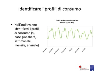 Identificare i profili di consumo
• Nell’audit vanno
identificati i profili
di consumo (su
base gionaliera,
settimanale,
mensile, annuale)
 