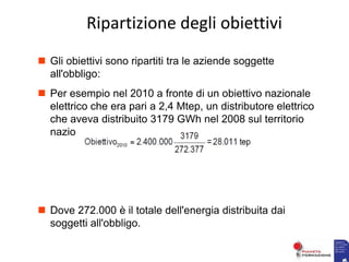  Gli obiettivi sono ripartiti tra le aziende soggette
all'obbligo:
 Per esempio nel 2010 a fronte di un obiettivo nazionale
elettrico che era pari a 2,4 Mtep, un distributore elettrico
che aveva distribuito 3179 GWh nel 2008 sul territorio
nazionale aveva un obiettivo di:
 Dove 272.000 è il totale dell'energia distribuita dai
soggetti all'obbligo.
Ripartizione degli obiettivi
 