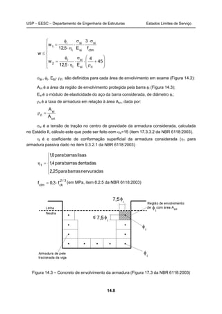 USP – EESC – Departamento de Engenharia de Estruturas Estados Limites de Serviço
14.8
















+
ρ
⋅
σ
⋅
η⋅
φ
=
σ⋅
⋅
σ
⋅
η⋅
φ
=
≤
45
4
E5,12
w
f
3
E5,12
w
w
risi
si
i
i
2
ctm
si
si
si
i
i
1
σsi, φi, Esi
, ρri são definidos para cada área de envolvimento em exame (Figura 14.3):
Acri é a área da região de envolvimento protegida pela barra φi (Figura 14.3);
Esi é o módulo de elasticidade do aço da barra considerada, de diâmetro φi;
ρri é a taxa de armadura em relação à área Acri, dada por:
cri
si
ri
A
A
=ρ
σsi é a tensão de tração no centro de gravidade da armadura considerada, calculada
no Estádio II, cálculo este que pode ser feito com αe=15 (item 17.3.3.2 da NBR 6118:2003).
ηi é o coeficiente de conformação superficial da armadura considerada (η1 para
armadura passiva dado no item 9.3.2.1 da NBR 6118:2003)





=η
nervuradasbarraspara25,2
dentadasbarraspara4,1
lisasbarraspara0,1
1
3/2
ckctm
f3,0f ⋅= (em MPa, item 8.2.5 da NBR 6118:2003)
Figura 14.3 – Concreto de envolvimento da armadura (Figura 17.3 da NBR 6118:2003)
 
