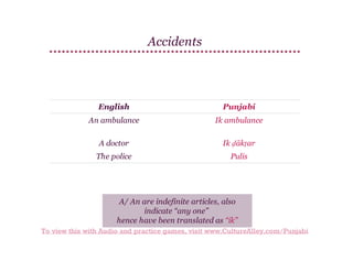 Accidents

English

Punjabi

An ambulance

Ik ambulance

A doctor

Ik ḍākṭar

The police

Pulis

A/ An are indefinite articles, also
indicate “any one”
hence have been translated as “ik”
To view this with Audio and practice games, visit www.CultureAlley.com/Punjabi

 