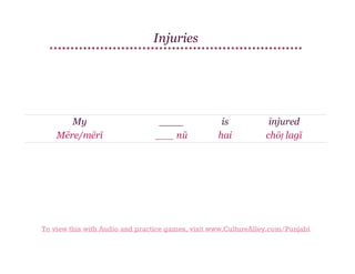 Injuries

My
Mēre/mērī

____
___ nū

is
hai

injured
chōṭ lagī

To view this with Audio and practice games, visit www.CultureAlley.com/Punjabi

 