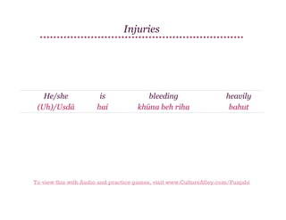 Injuries

He/she
(Uh)/Usdā

is
hai

bleeding
khūna beh riha

heavily
bahut

To view this with Audio and practice games, visit www.CultureAlley.com/Punjabi

 