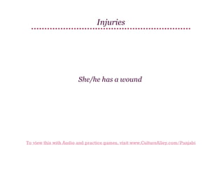 Injuries

She/he has a wound

To view this with Audio and practice games, visit www.CultureAlley.com/Punjabi

 