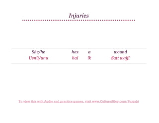 Injuries

She/he
Usnū/unu

has
hai

a
ik

wound
Satt wajji

To view this with Audio and practice games, visit www.CultureAlley.com/Punjabi

 