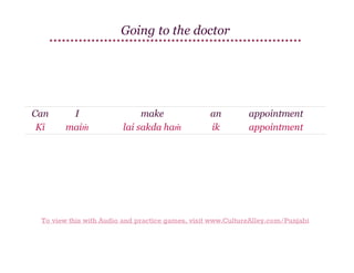 Going to the doctor

Can
Kī

I
maiṁ

make
lai sakda haṁ

an
ik

appointment
appointment

To view this with Audio and practice games, visit www.CultureAlley.com/Punjabi

 