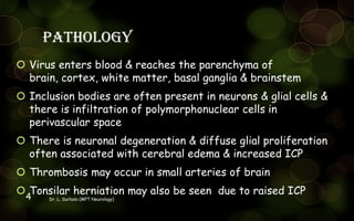 Pathology
 Virus enters blood & reaches the parenchyma of
brain, cortex, white matter, basal ganglia & brainstem
 Inclusion bodies are often present in neurons & glial cells &
there is infiltration of polymorphonuclear cells in
perivascular space
 There is neuronal degeneration & diffuse glial proliferation
often associated with cerebral edema & increased ICP
 Thrombosis may occur in small arteries of brain
 Tonsilar herniation may also be seen due to raised ICP
Dr. L. Surbala (MPT Neurology)4
 