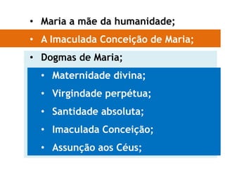 • Maria a mãe da humanidade;
• A Imaculada Conceição de Maria;
• Dogmas de Maria;
• Maternidade divina;
• Virgindade perpétua;
• Santidade absoluta;
• Imaculada Conceição;
• Assunção aos Céus;
 
