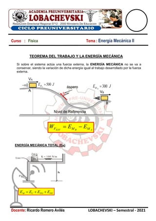 Curso : Física Tema : Energía Mecánica II
Docente: Ricardo Romero Avilés LOBACHEVSKI – Semestral - 2021
TEOREMA DEL TRABAJO Y LA ENERGÍA MECÁNICA
Si sobre el sistema actúa una fuerza externa, la ENERGÍA MECÁNICA no se va a
conservar, siendo la variación de dicha energía igual al trabajo desarrollado por la fuerza
externa.
ENERGÍA MECÁNICA TOTAL (EM)
K = 100 N/m
2m/s
Liso
Piso
h
PE
PG
C
M E
E
E
E 


áspero
A
Nivel de Referencia
VA
VB
B
J
E A
M 500
 J
E B
M 300

A
B
EXT M
M
F E
E
W 

fK
 