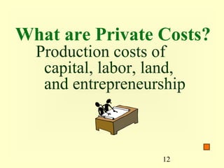 What are Private Costs?
  Production costs of
   capital, labor, land,
   and entrepreneurship



                    12
 