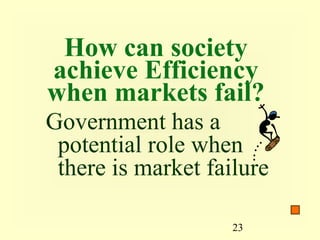 How can society
achieve Efficiency
when markets fail?
Government has a
 potential role when
 there is market failure

                    23
 