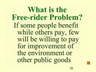 What is the
Free-rider Problem?
If some people benefit
  while others pay, few
  will be willing to pay
  for improvement of
  the environment or
  other public goods
                    38
 