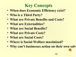 Key Concepts
•   When does Economic Efficiency exist?
•   Who is a Third Party?
•   What are Private Benefits and Costs?
•   What are Externalities?
•   What are Social Benefits?
•   What are Private Costs?
•   What are Social Costs?
•   Where is Social Welfare maximized?
•   Why can’t businesses action on their own solv

                                  41
 