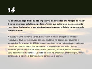 “O que talvez seja difícil ou até impossível de entender em relação ao REDD
é como empresas poluidoras podem afirmar que evitando o desmatamento
num lugar daria a elas a permissão de continuarem poluindo ou destruindo
em outro lugar.”
A busca por uma economia verde, baseada em matrizes energéticas limpas e
renováveis, deve ser incentivada por uma mudança na postura dos governos e
sociedades. Os projetos de REDD+ podem contribuir com a mitigação das mudanças
climáticas, uma vez que o desmatamento corresponde por cerca de 15% das
emissões globais de gases de efeito estufa (no Brasil, essa fração é da ordem de
55% das emissões nacionais). Se nada for feito, no entanto,as empresas poluidoras
continuarão a poluir e o desmatamento continuara a ocorrer.
 