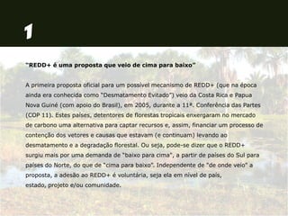 “REDD+ é uma proposta que veio de cima para baixo”
A primeira proposta oficial para um possível mecanismo de REDD+ (que na época
ainda era conhecida como “Desmatamento Evitado”) veio da Costa Rica e Papua
Nova Guiné (com apoio do Brasil), em 2005, durante a 11ª. Conferência das Partes
(COP 11). Estes países, detentores de florestas tropicais enxergaram no mercado
de carbono uma alternativa para captar recursos e, assim, financiar um processo de
contenção dos vetores e causas que estavam (e continuam) levando ao
desmatamento e a degradação florestal. Ou seja, pode-se dizer que o REDD+
surgiu mais por uma demanda de “baixo para cima", a partir de países do Sul para
países do Norte, do que de “cima para baixo”. Independente de "de onde veio" a
proposta, a adesão ao REDD+ é voluntária, seja ela em nível de país,
estado, projeto e/ou comunidade.
 
