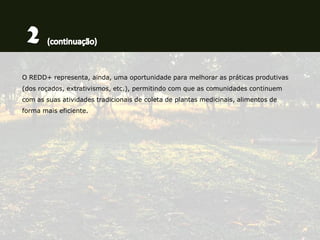 O REDD+ representa, ainda, uma oportunidade para melhorar as práticas produtivas
(dos roçados, extrativismos, etc.), permitindo com que as comunidades continuem
com as suas atividades tradicionais de coleta de plantas medicinais, alimentos de
forma mais eficiente.
 