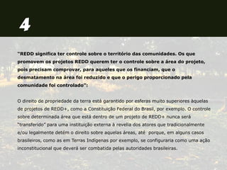 “REDD significa ter controle sobre o território das comunidades. Os que
promovem os projetos REDD querem ter o controle sobre a área do projeto,
pois precisam comprovar, para aqueles que os financiam, que o
desmatamento na área foi reduzido e que o perigo proporcionado pela
comunidade foi controlado”:
O direito de propriedade da terra está garantido por esferas muito superiores àquelas
de projetos de REDD+, como a Constituição Federal do Brasil, por exemplo. O controle
sobre determinada área que está dentro de um projeto de REDD+ nunca será
“transferido” para uma instituição externa à revelia dos atores que tradicionalmente
e/ou legalmente detém o direito sobre aquelas áreas, até porque, em alguns casos
brasileiros, como as em Terras Indígenas por exemplo, se configuraria como uma ação
inconstitucional que deverá ser combatida pelas autoridades brasileiras.
 
