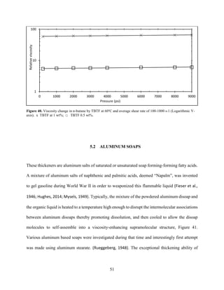 51
Figure 40. Viscosity change in n-butane by TBTF at 60o
C and average shear rate of 100-1000 s-1 (Logarithmic Y-
axis). x TBTF at 1 wt%; □ TBTF 0.5 wt%.
5.2 ALUMINUM SOAPS
These thickeners are aluminum salts of saturated or unsaturated soap forming-forming fatty acids.
A mixture of aluminum salts of naphthenic and palmitic acids, deemed “Napalm”, was invented
to gel gasoline during World War II in order to weaponized this flammable liquid (Fieser et al.,
1946; Hughes, 2014; Mysels, 1949). Typically, the mixture of the powdered aluminum disoap and
the organic liquid is heated to a temperature high enough to disrupt the intermolecular associations
between aluminum disoaps thereby promoting dissolution, and then cooled to allow the disoap
molecules to self-assemble into a viscosity-enhancing supramolecular structure, Figure 41.
Various aluminum based soaps were investigated during that time and interestingly first attempt
was made using aluminum stearate. (Rueggeberg, 1948). The exceptional thickening ability of
1
10
100
0 1000 2000 3000 4000 5000 6000 7000 8000 9000
Relativeviscosity
Pressure (psi)
 