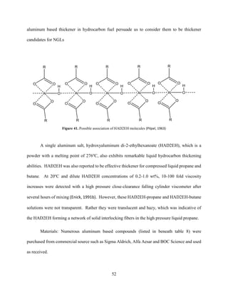 52
aluminum based thickener in hydrocarbon fuel persuade us to consider them to be thickener
candidates for NGLs
Figure 41. Possible association of HAD2EH molecules (Pilpel, 1963)
A single aluminum salt, hydroxyaluminum di-2-ethylhexanoate (HAD2EH), which is a
powder with a melting point of 276o
C, also exhibits remarkable liquid hydrocarbon thickening
abilities. HAD2EH was also reported to be effective thickener for compressed liquid propane and
butane. At 20o
C and dilute HAD2EH concentrations of 0.2-1.0 wt%, 10-100 fold viscosity
increases were detected with a high pressure close-clearance falling cylinder viscometer after
several hours of mixing (Enick, 1991b). However, these HAD2EH-propane and HAD2EH-butane
solutions were not transparent. Rather they were translucent and hazy, which was indicative of
the HAD2EH forming a network of solid interlocking fibers in the high pressure liquid propane.
Materials: Numerous aluminum based compounds (listed in beneath table 8) were
purchased from commercial source such as Sigma Aldrich, Alfa Aesar and BOC Science and used
as received.
 