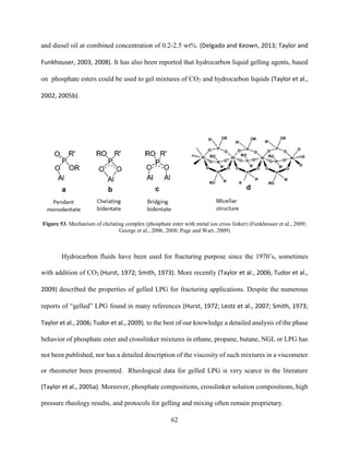 62
and diesel oil at combined concentration of 0.2-2.5 wt%. (Delgado and Keown, 2013; Taylor and
Funkhouser, 2003, 2008). It has also been reported that hydrocarbon liquid gelling agents, based
on phosphate esters could be used to gel mixtures of CO2 and hydrocarbon liquids (Taylor et al.,
2002, 2005b).
Figure 53. Mechanism of chelating complex (phosphate ester with metal ion cross linker) (Funkhouser et al., 2009;
George et al., 2006, 2008; Page and Warr, 2009)
Hydrocarbon fluids have been used for fracturing purpose since the 1970’s, sometimes
with addition of CO2 (Hurst, 1972; Smith, 1973). More recently (Taylor et al., 2006; Tudor et al.,
2009) described the properties of gelled LPG for fracturing applications. Despite the numerous
reports of “gelled” LPG found in many references (Hurst, 1972; Lestz et al., 2007; Smith, 1973;
Taylor et al., 2006; Tudor et al., 2009), to the best of our knowledge a detailed analysis of the phase
behavior of phosphate ester and crosslinker mixtures in ethane, propane, butane, NGL or LPG has
not been published, nor has a detailed description of the viscosity of such mixtures in a viscometer
or rheometer been presented. Rheological data for gelled LPG is very scarce in the literature
(Taylor et al., 2005a). Moreover, phosphate compositions, crosslinker solution compositions, high
pressure rheology results, and protocols for gelling and mixing often remain proprietary.
 