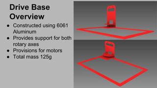 Drive Base
Overview
● Constructed using 6061
Aluminum
● Provides support for both
rotary axes
● Provisions for motors
● To...