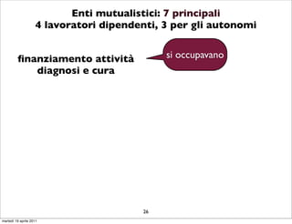 Enti mutualistici: 7 principali
                    4 lavoratori dipendenti, 3 per gli autonomi


         ﬁnanziamento attività               si occupavano
            diagnosi e cura




                                        26
martedì 19 aprile 2011
 